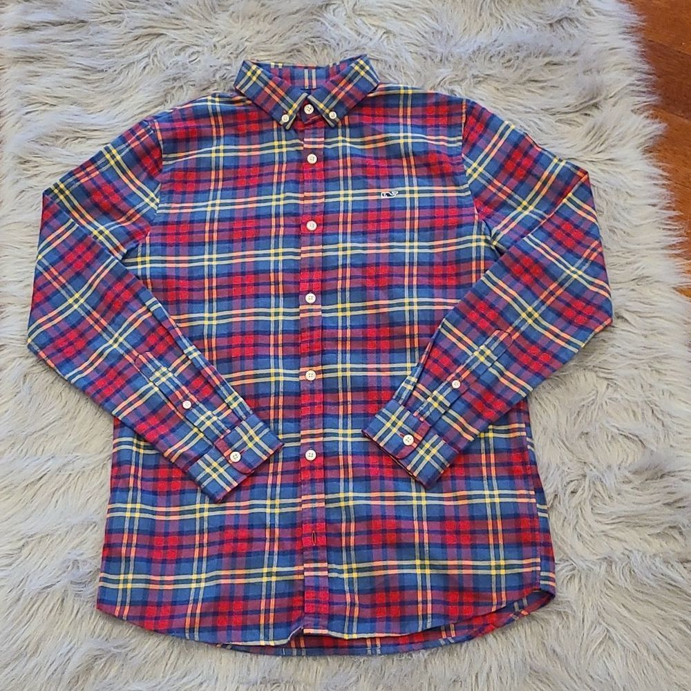 Vineyard vines boys blue, red and yellow flannel long sleeve button down size 18